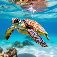 Sea Turtle Gliding Gracefully Through Turquoise Ocean Water