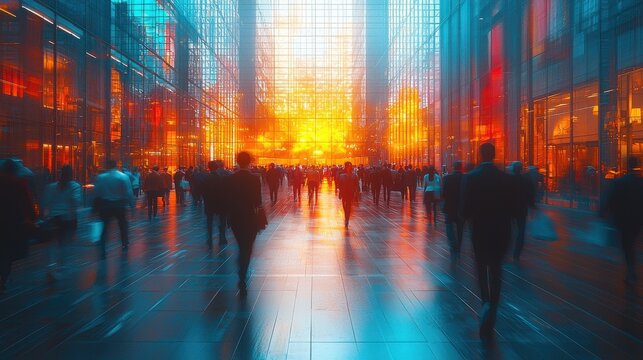 A bustling crowd of business people, their faces a kaleidoscope of hurried expressions, navigates the vibrant, fast-paced lobby of an office building in a long exposure shot. Generative AI captures 