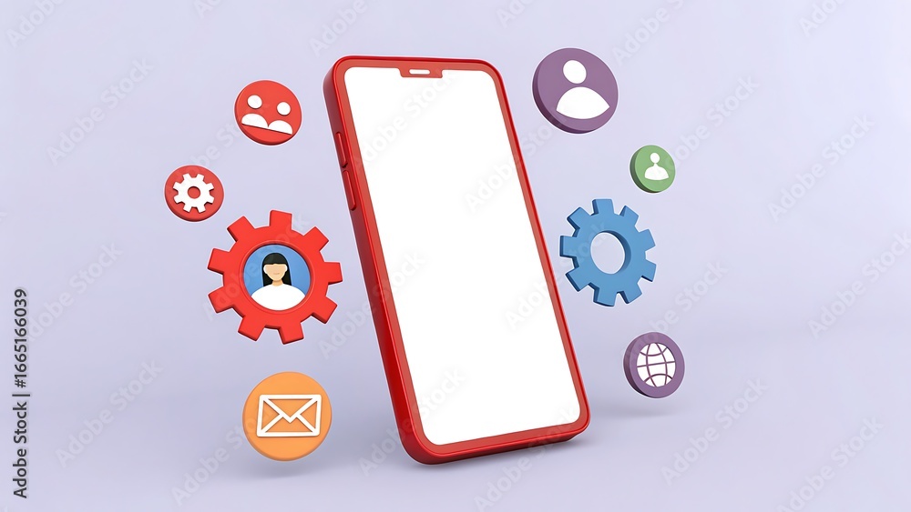 Poster red mobile device with white screen display and colorful app icons for user interface design