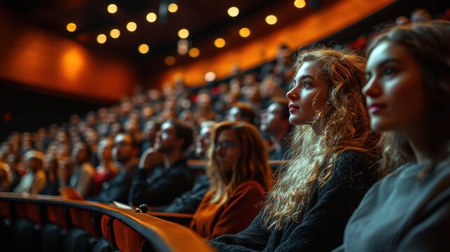 A bustling lecture hall, filled with eager faces, engrossed in a presentation, their eyes reflecting the knowledge being shared by a speaker on a podium. The atmosphere is one of focused attention 