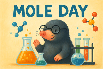 Mole day cute cartoon illustration with mole character wearing glasses, lab flasks, molecules and test tubes celebrating chemistry science