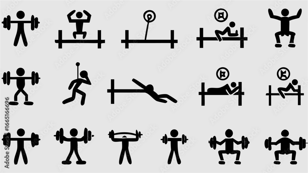 Poster black stick figure illustrations showing various exercises and resting positions on a light backgrou