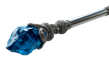 Ornate silver scepter with a large faceted sapphire crystal