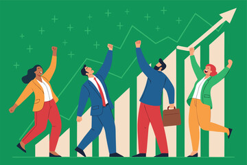 Group of investors celebrating stock market growth.