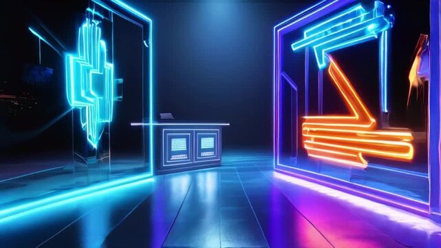 3d technology abstract neon light background, empty space scene, spotlight, dark night, virtual reality, cyber futuristic sci-fi background, street floor studio for mock up. created with generative ai