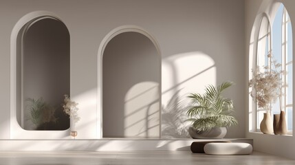 Fototapeta premium Remote work home office with arched niches, warm lighting, and biophilic design for productive workspace.