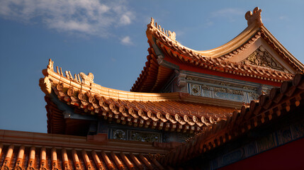 Fototapeta premium Traditional chinese roof decorated with gold ornaments shining under blue sky