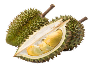 Fototapeta premium Fresh durian fruit cut open revealing creamy yellow flesh