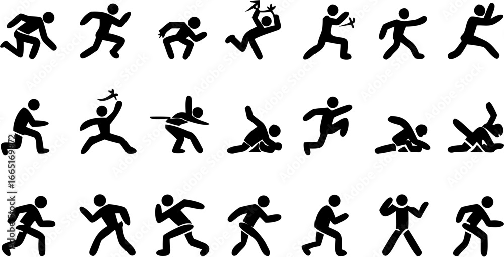 Poster various stick figure poses depicting running jumping and other actions in a dynamic arrangement styl