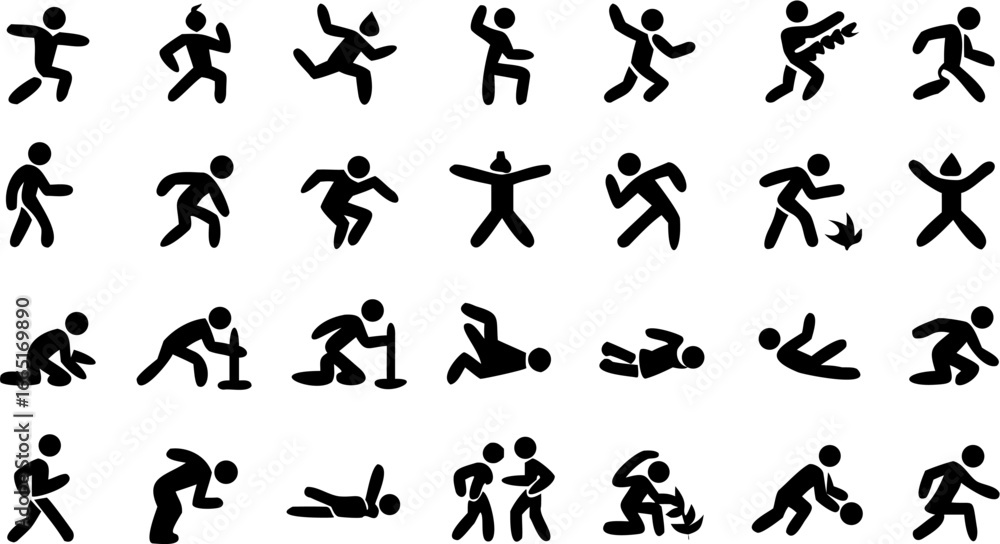 Poster collection of stick figure icons showing various actions and poses in silhouette on a white backgrou