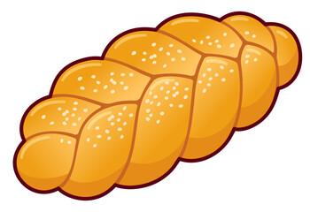 Braided bread loaf with sesame seeds drawing. Challah, Striezel, brioche tressée. Cartoon vector clip art illustration.