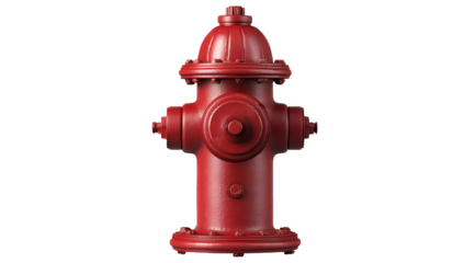 Red fire hydrant standing upright against a black background. Detailed design