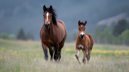 Fototapeta premium Horses Galloping Through a Lush Meadow with Gentle Hills in Background