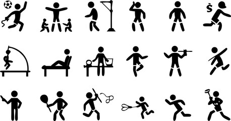 Naklejka premium Collection of stick figure icons depicting various activities and sports in simple black silhouettes