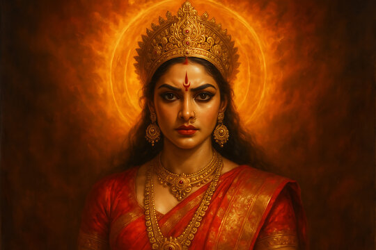 Radiant goddess in red saree with glowing golden crown and halo exuding divine grace strength power and spiritual energy