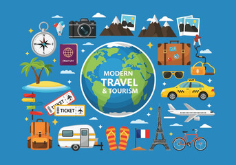 Modern travel and tourism montage with a globe at the center, surrounded by various travel elements and landmarks
