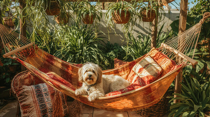 Naklejka na ściany i meble A small, fluffy dog relaxes in a colorful hammock amidst lush green plants in a sunny outdoor setting.