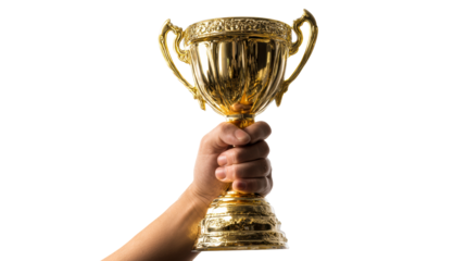 Hand holding golden trophy cup against white background