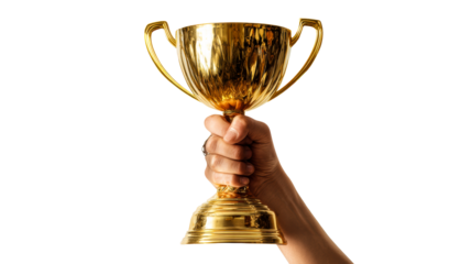 Golden trophy held aloft by hand celebrating victory and achievement