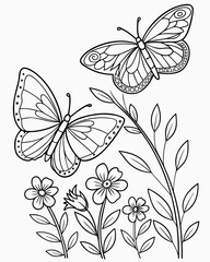 Fototapeta premium Two butterflies and flowers coloring page outline
