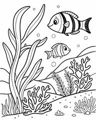 Cute cartoon fish swimming in the ocean with seaweed and coral