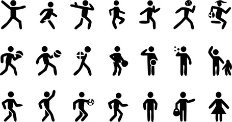 Naklejka premium Illustration of stick figures in various actions including sports and everyday activities shown in black