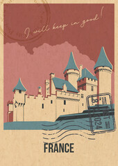 Fototapeta premium Main France Attraction Postcard, Castle of Puymartin. Retro Postcard Style Illustration. Aged Paper Texture, Vintage Colors
