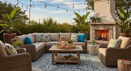Cozy Outdoor Patio with Fireplace and Seating.