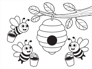 Bees Flying Around Beehive with Honey Buckets – Fun Cartoon Sketch