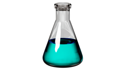 Glass flask with turquoise liquid and chrome cap isolated on white