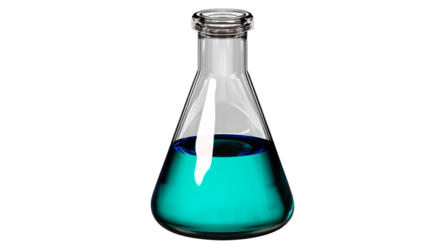 Glass flask with turquoise liquid and chrome cap isolated on white