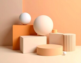Pastel spheres on geometric shapes.