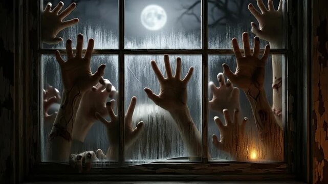 Spooky Zombie Hands Scratching at Window - Numerous zombie hands claw at a misted window pane at night, illuminated by a dim light and a full moon outside.