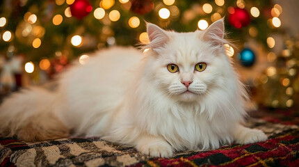 A majestic white Persian cat with striking yellow eyes poses in front of a softly blurred Christmas tree, adorned with festive lights and ornaments.