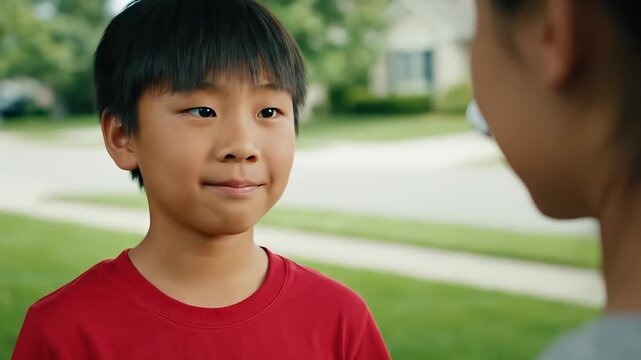 Young asian boy in red t shirt hiding playfully behind tree trunk, sharing moments with friend during sunny summer day, displaying range of emotions