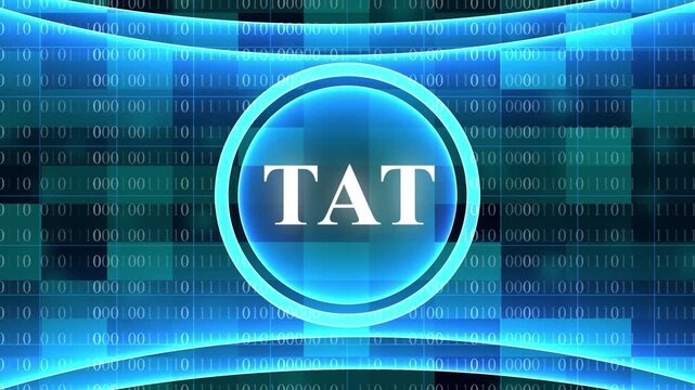 Digital Binary Code Background With Glowing Blue Circle Emblem Featuring TAT Text technology data