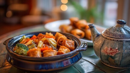 Delicious asian cuisine featuring sweet and sour chicken with spring rolls and a teapot of tea on a table
