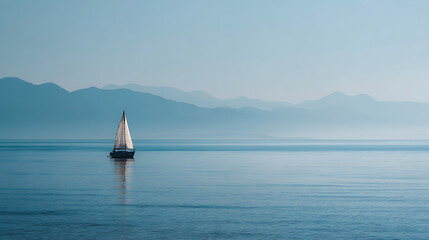 Serenity of a sailboat gliding across calm waters with mountains in the background at sunrise