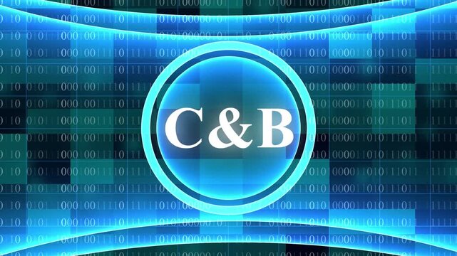 Digital Binary Code Background With Glowing Blue Circle Emblem Featuring C and B Text technology data