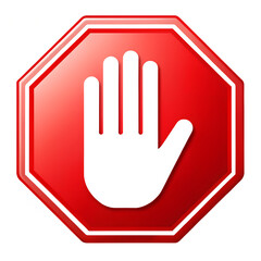 Obraz premium A red octagonal stop sign with a white open hand symbol indicating a halt or prohibition, isolated on a transparent background, representing a clear warning and restriction against proceeding