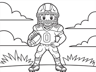 Cartoon Football Player Ready for the Game in a Stadium – Black and White Line Art
