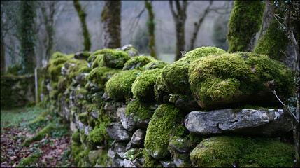 Moss-covered stone wall in a serene forest during early morning light