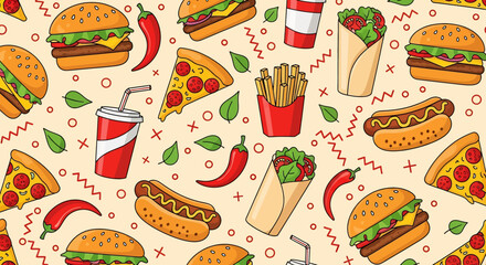 Seamless vector illustration of classic fast food with juicy burgers, hot dogs, cheesy pizza slices, crispy fries, fresh wraps, sodas, and spicy peppers, ideal for menus, packaging, and restaurant bra
