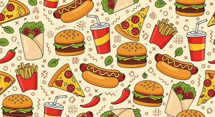 Seamless vector illustration of classic fast food with juicy burgers, hot dogs, cheesy pizza slices, crispy fries, fresh wraps, sodas, and spicy peppers, ideal for menus, packaging, and restaurant bra