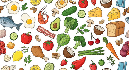 Seamless vector illustration of assorted fresh food ingredients including fish, vegetables, fruits, bread, meat, and cheese, perfect for grocery, nutrition, meal planning, and healthy lifestyle design