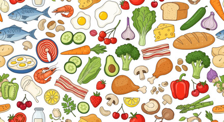 Seamless vector illustration of assorted fresh food ingredients including fish, vegetables, fruits, bread, meat, and cheese, perfect for grocery, nutrition, meal planning, and healthy lifestyle design