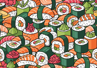 Seamless vector illustration of assorted sushi rolls, nigiri, seafood, and garnishes in colorful Japanese food pattern, ideal for restaurant menus, packaging, culinary branding, and Asian cuisine desi
