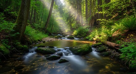 Enchanting Forest Creek with Morning Sun Rays Through Trees.