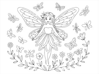 Delicate Fairy in a Magical Garden Surrounded by Butterflies – Fantasy Coloring Page