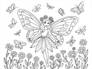 Enchanting Fairy with Delicate Wings Surrounded by Butterflies and Flowers - Black and White Coloring Page